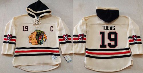 Blackhawks #19 Jonathan Toews Cream Heavyweight Pullover Hoodie Stitched NHL Jersey - Click Image to Close